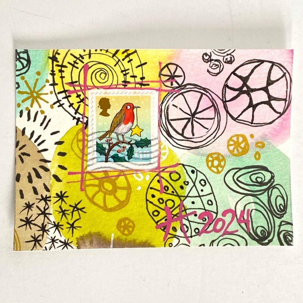 ACEO Original Watercolor Doodle UK Postage Stamp Art Tristina Dietz Elmes ATC